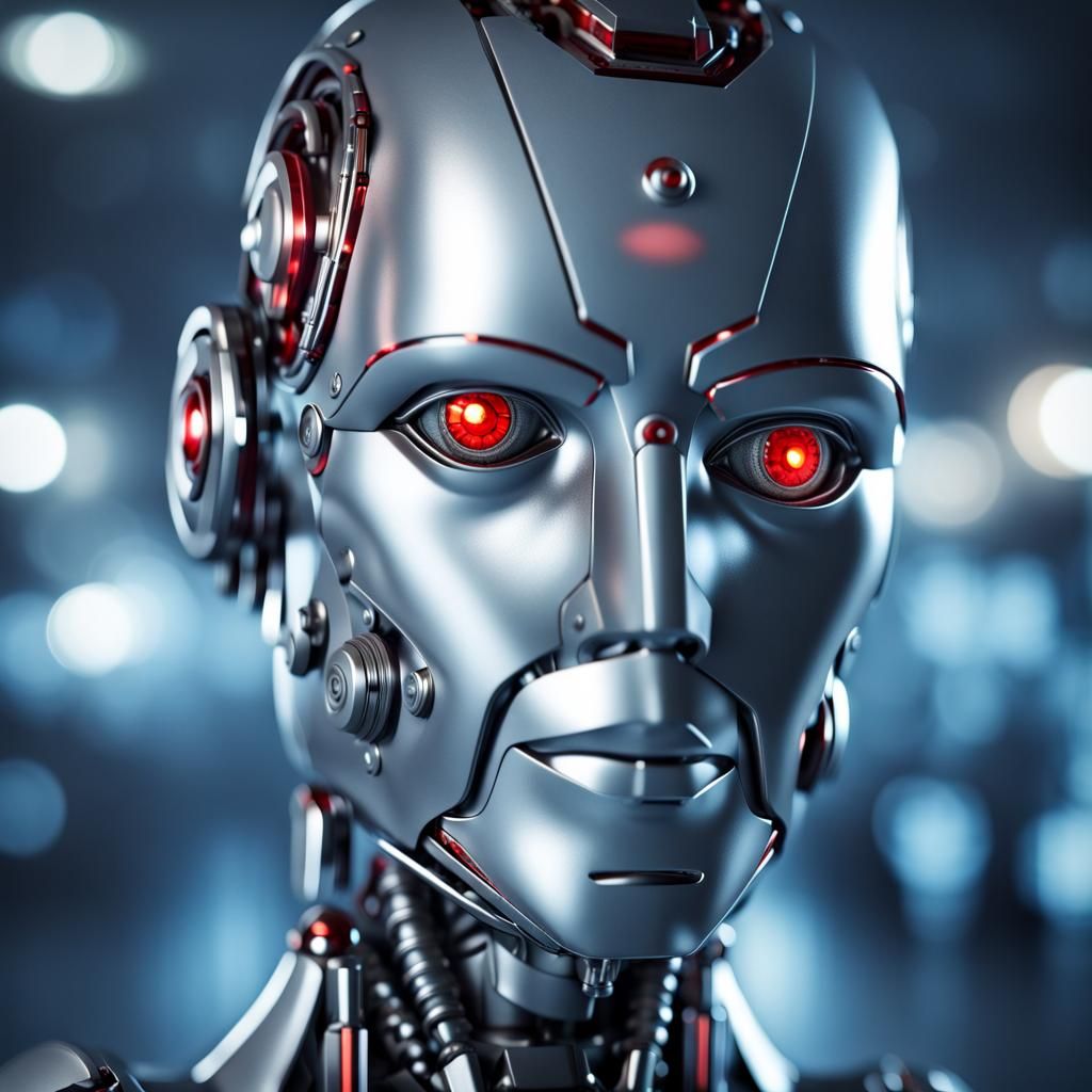 Hyperrealistic Metal Android Robot with Glowing Eyes