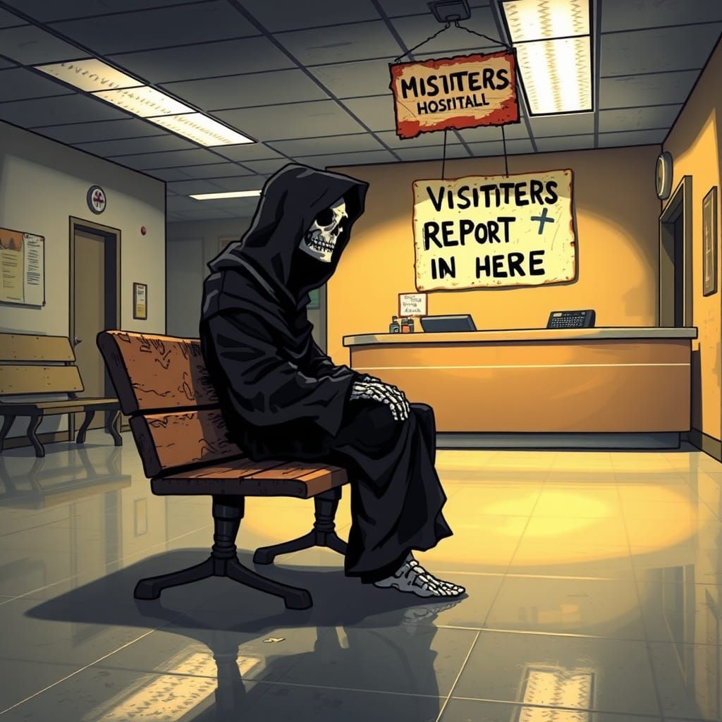 Grim Reaper Waiting Room in Animated Style