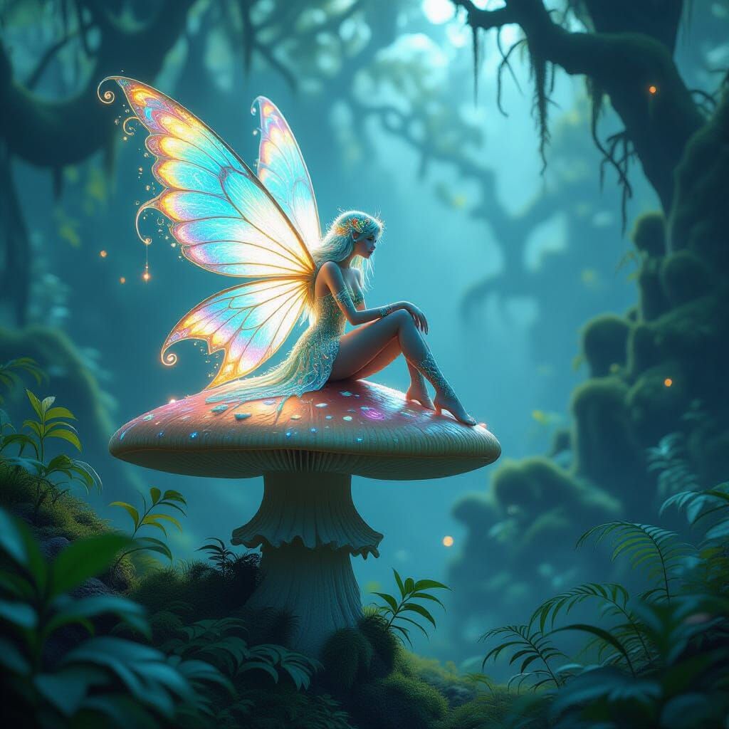 Bioluminescent Fairy in Dreamlike Holographic Forest