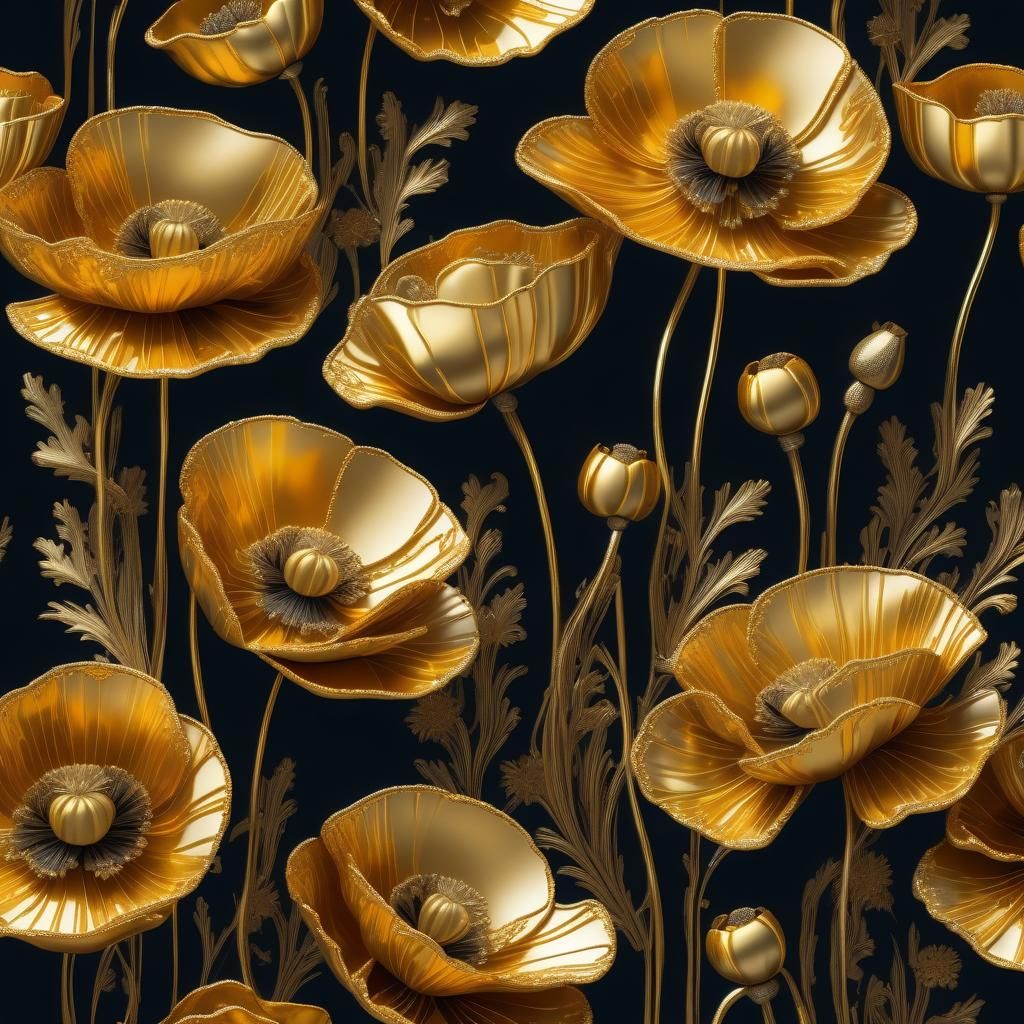 Ornate Golden Poppies in Hyperrealistic Style