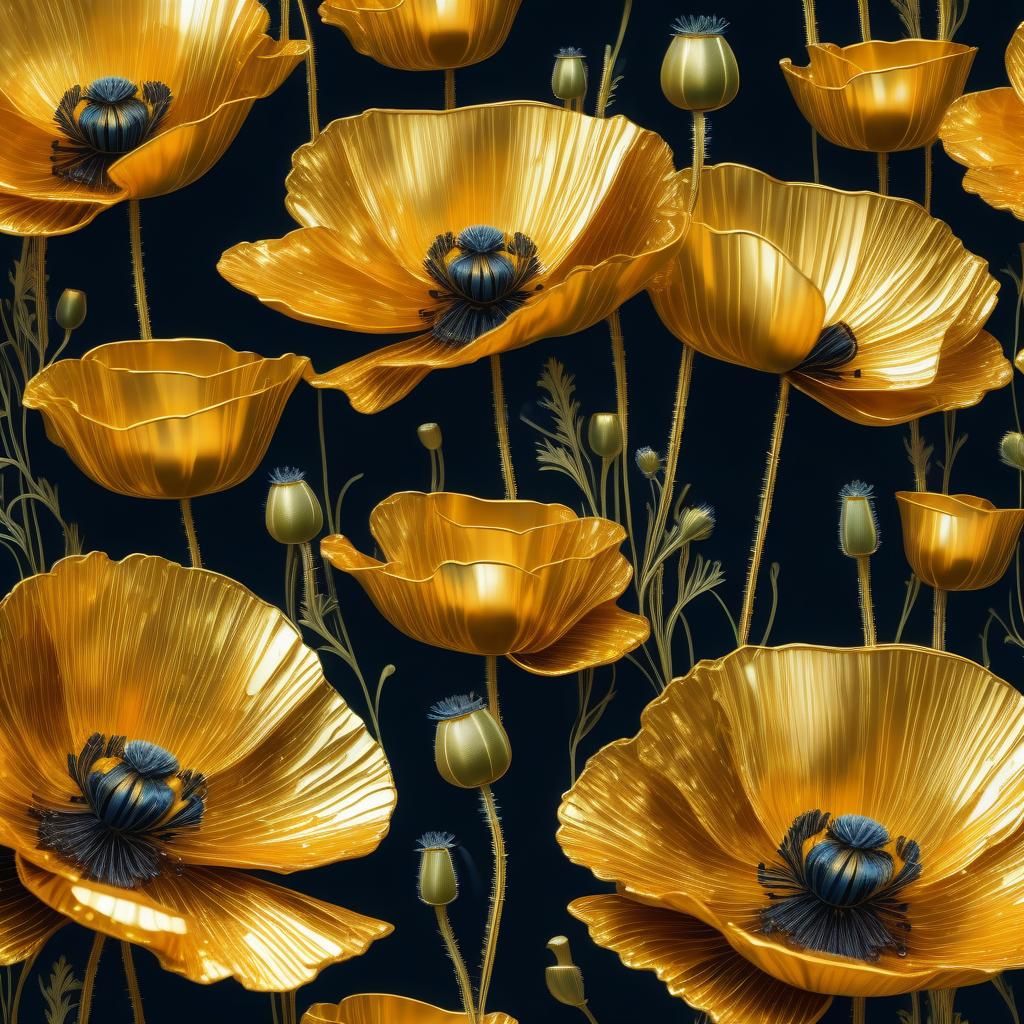 Ornate Golden Poppies in Hyperrealistic Style