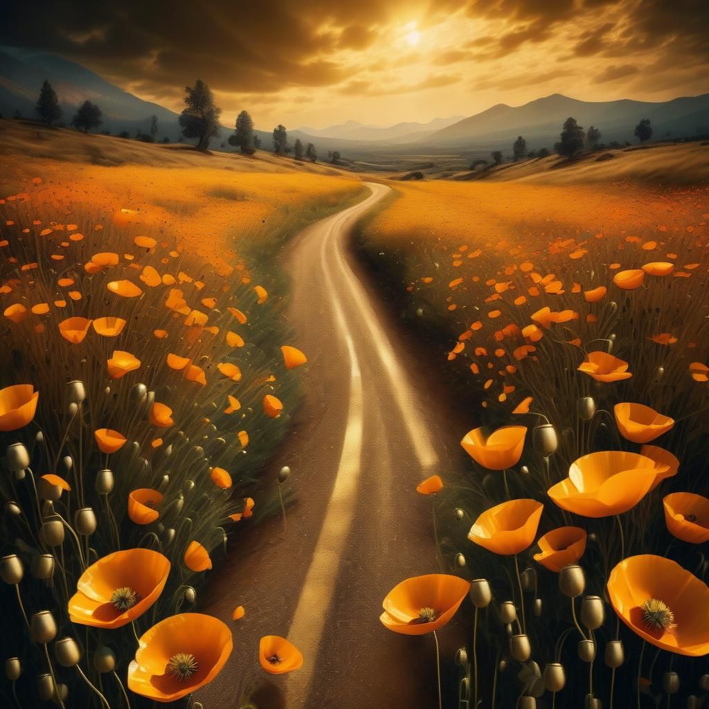 Ornate Golden Poppies in Hyperrealistic Style