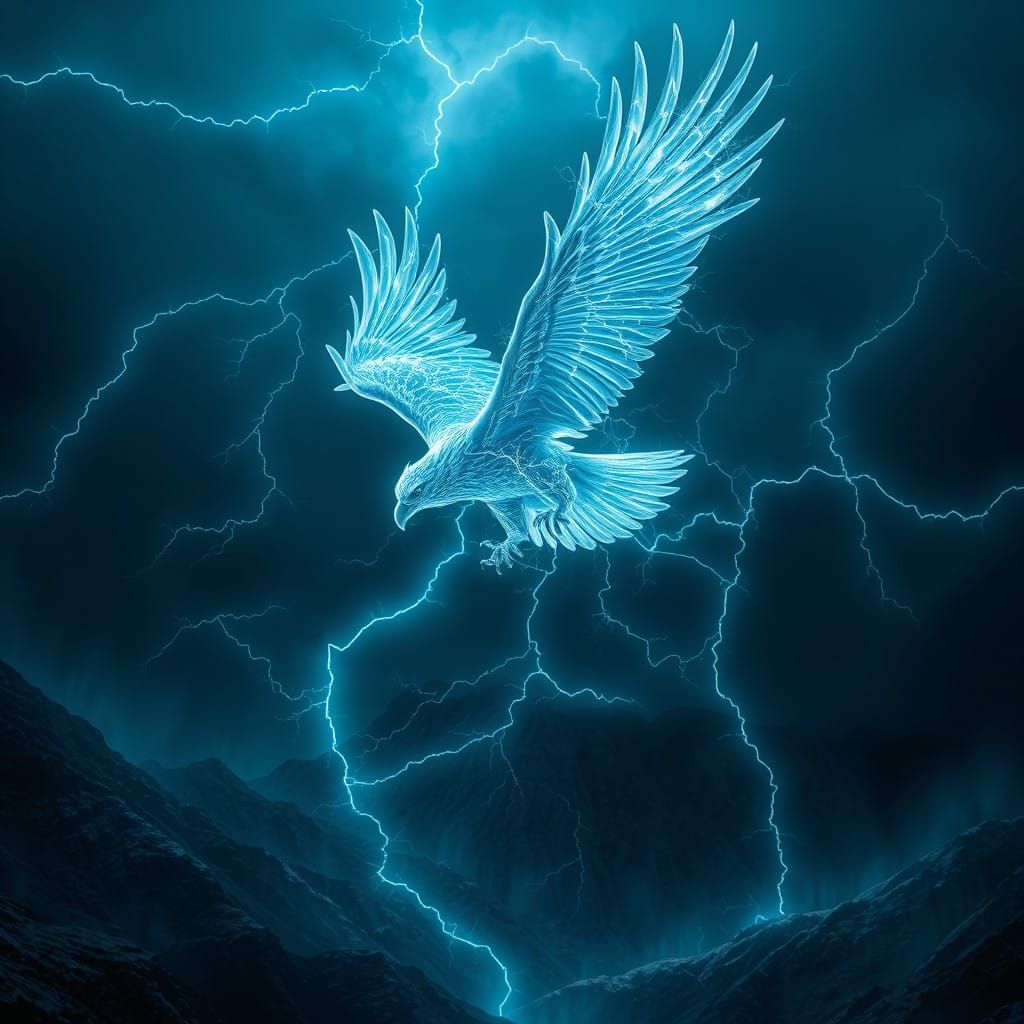 Mystical Crystal Eagle Soars Through Stormy Night Sky