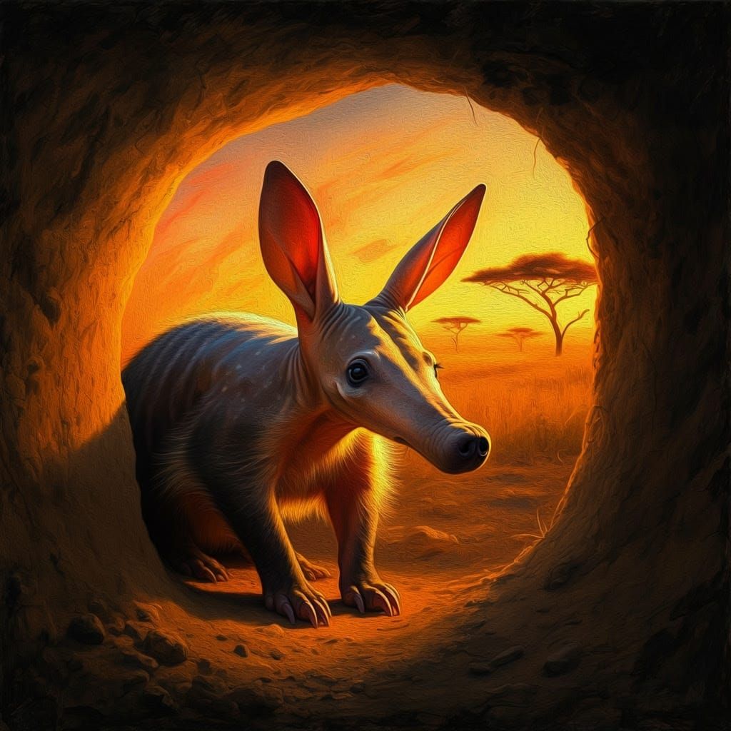 Aardvark Emerging in Golden Light, African Savannah at Dusk