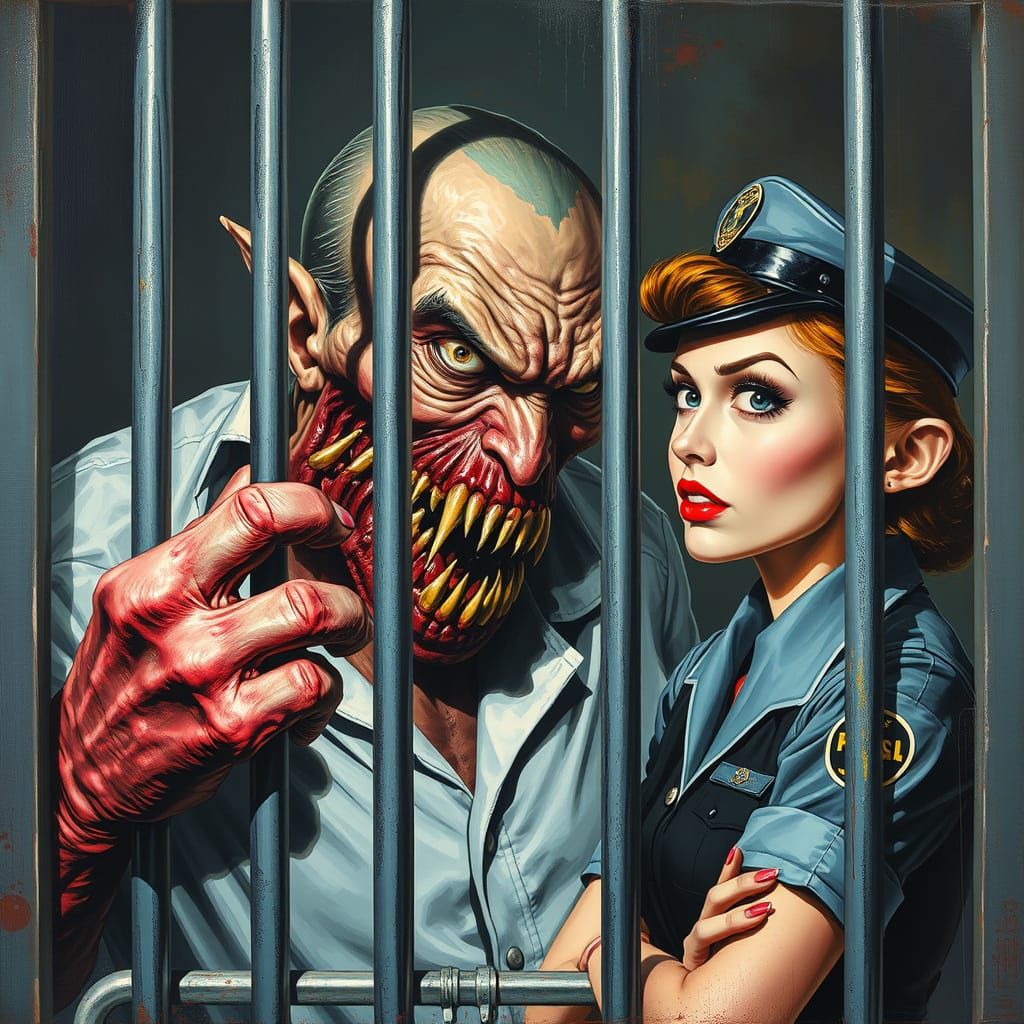 Menacing Prisoner Leering at Guard in Graffiti Art Style