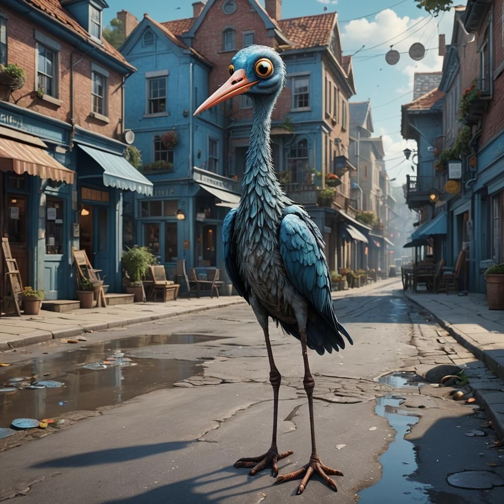 Sky-Blue Wading Bird in Small Town Street