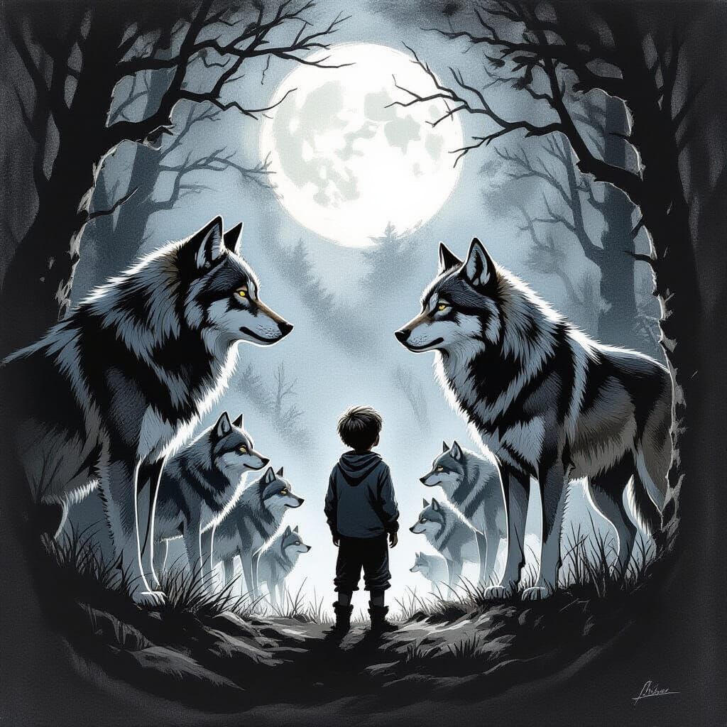 Boy Bravely Faces Wolves in Moonlit Forest Charcoal Drawing