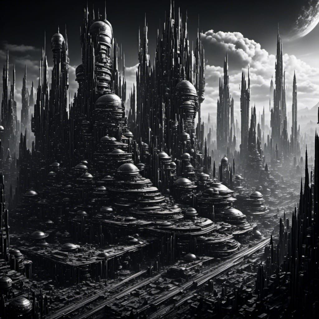 Futuristic Industrial City in Black and White