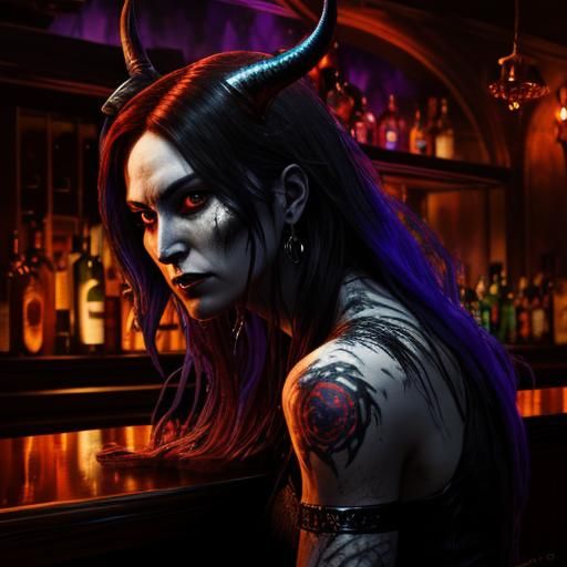 Demonic Temptress in Hyperrealistic Haunted Bar