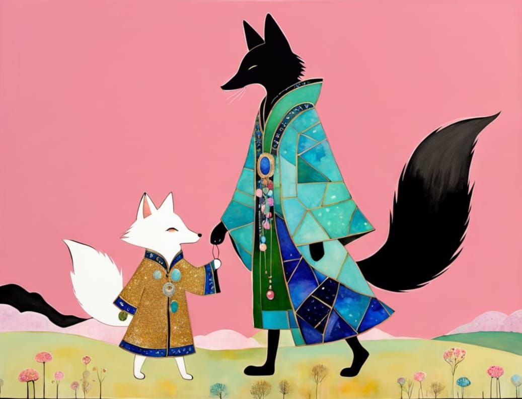 Regal Black Fox and Chibi Companion in Whimsical World