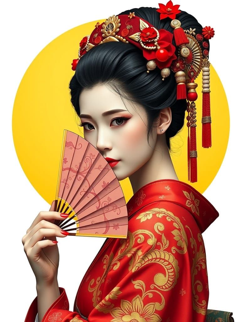 Elegant Japanese Woman in Kimono with Fan
