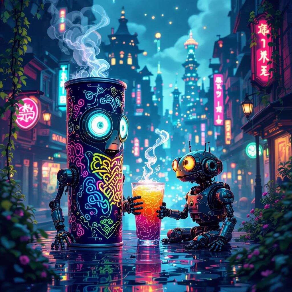 Pringles Can Sipping in Cyberpunk City
