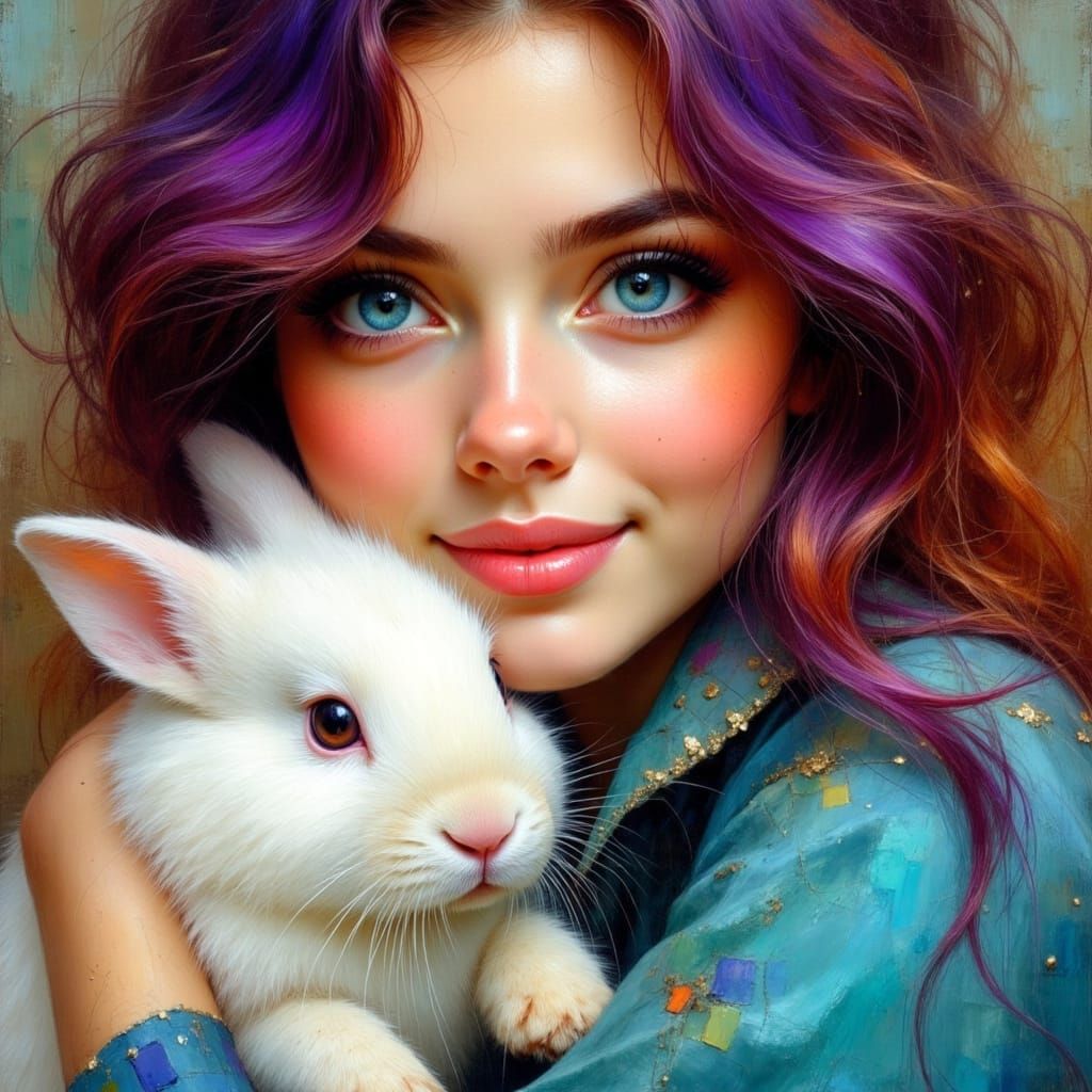Woman with Rabbit: Hyperdetailed Portrait in Oil Painting St...