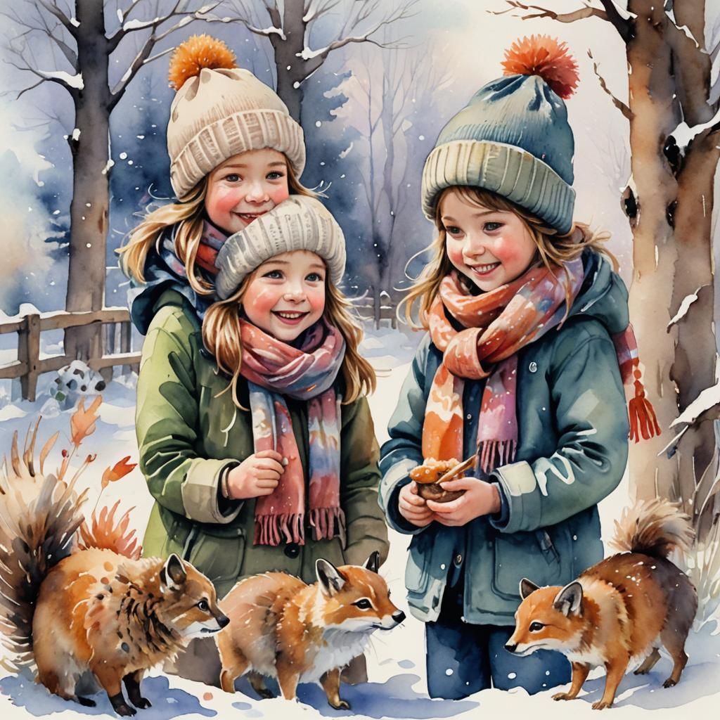 Whimsical Winter Wonderland with Children Observing Animals....