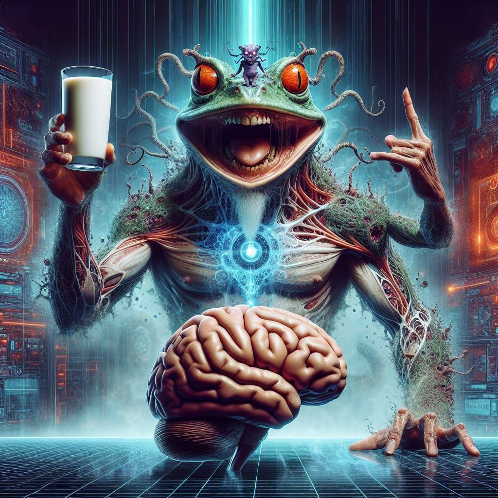 Eerie AI God: Demonic Frog with Milk