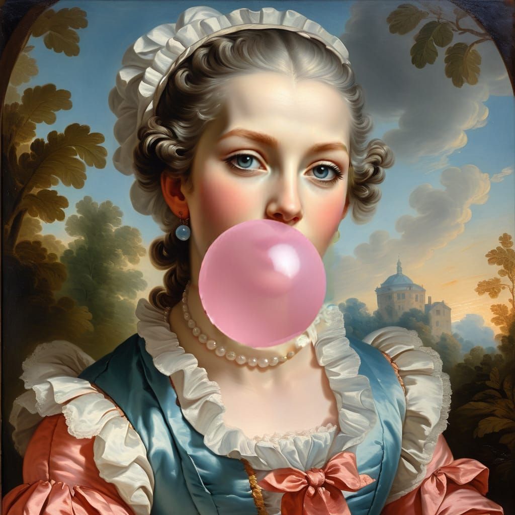 Rococo Noblewoman Blowing Bubblegum in 18th Century Portrait