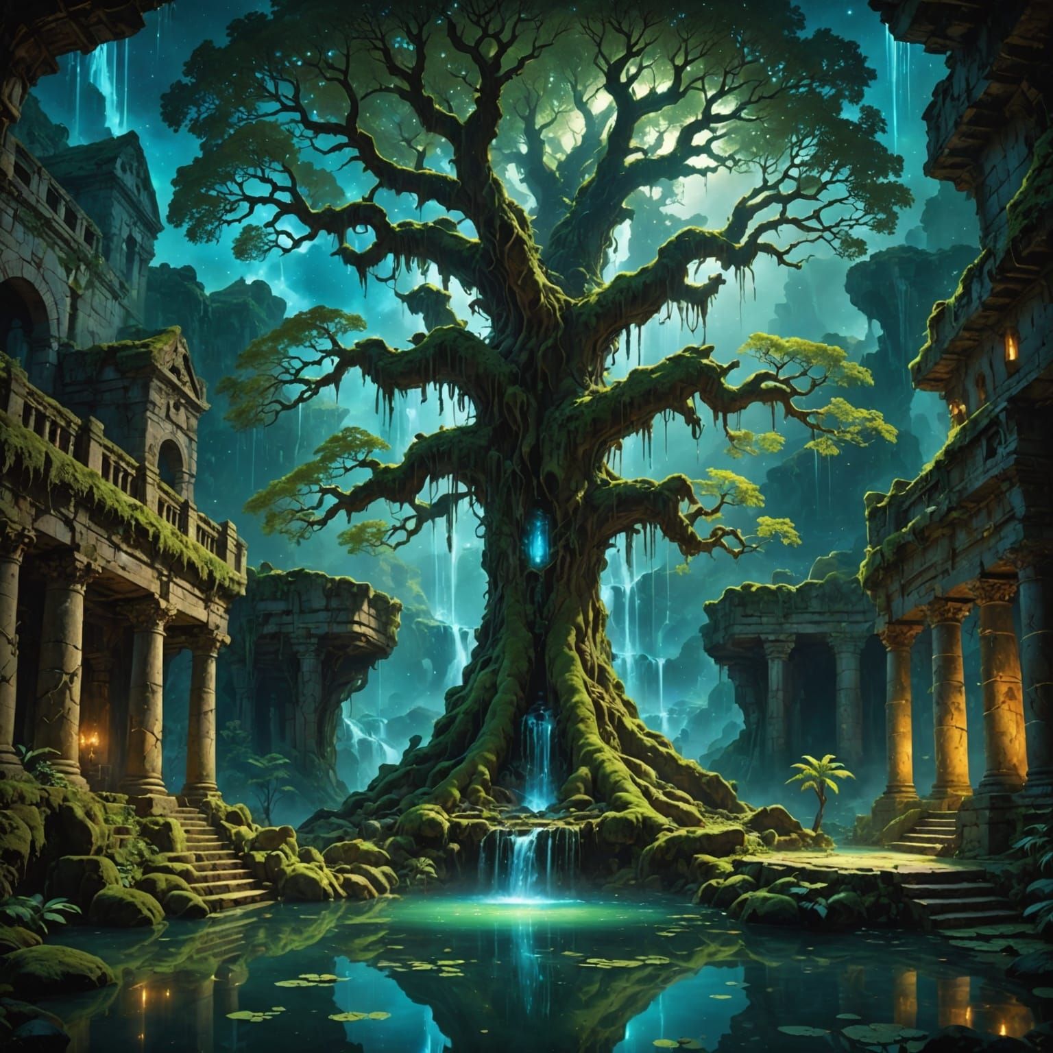 Ancient Bioluminescent Tree in Mystical Ruin