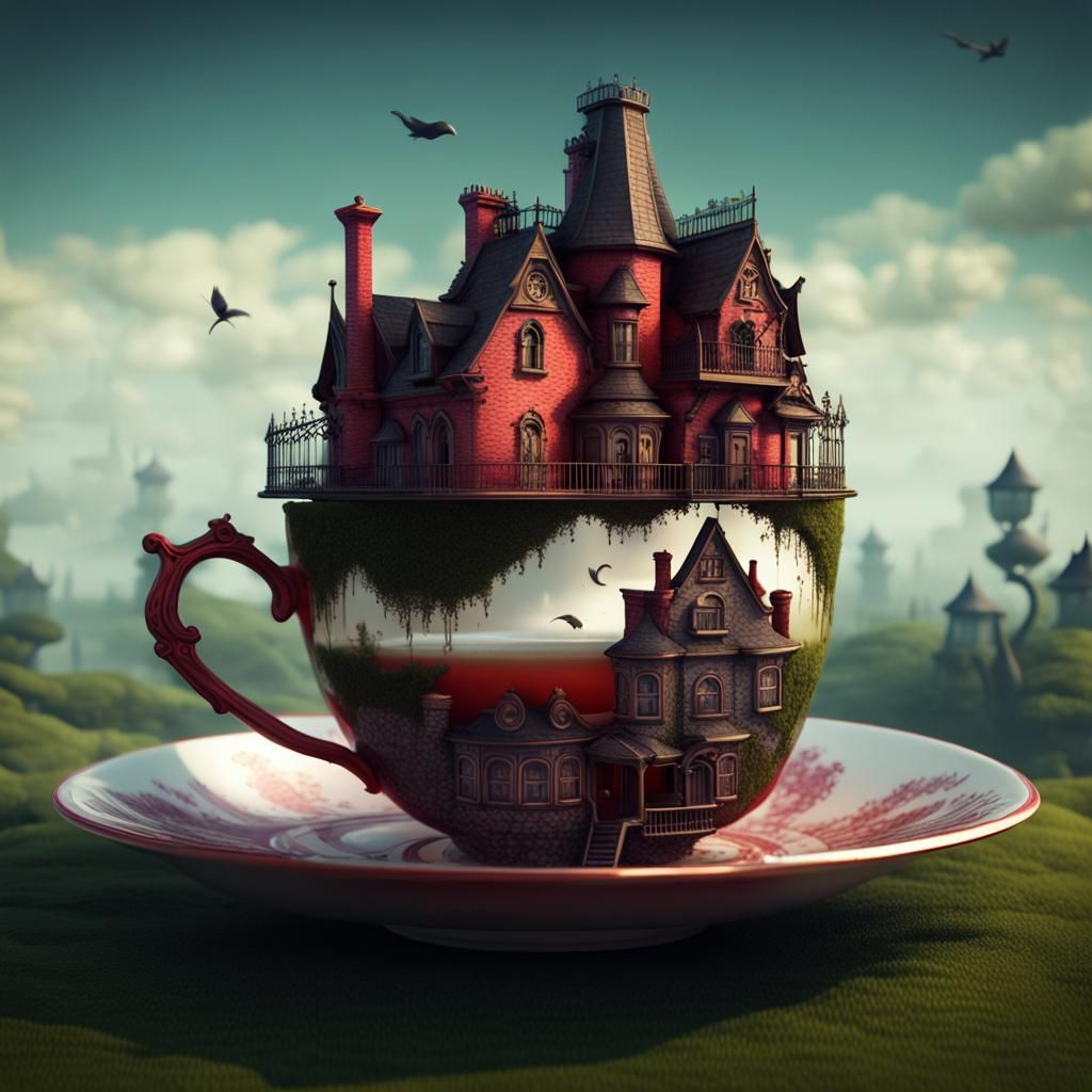 Surreal Gothic Teacup Town: A 3D Render