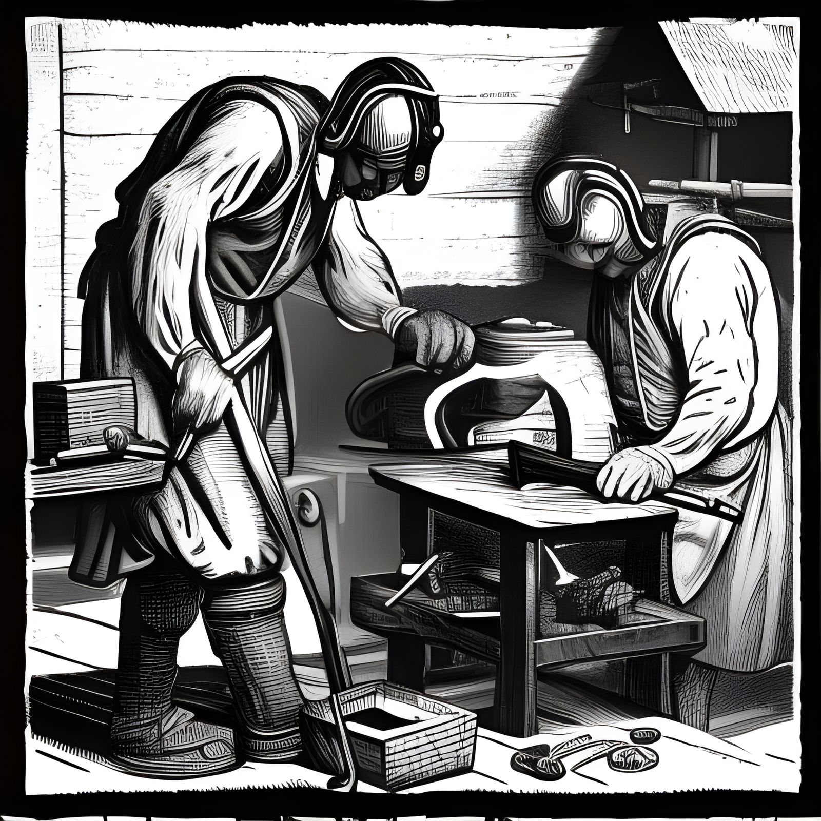 18th Century Laborers Forging Scissors: Linocut Portrait