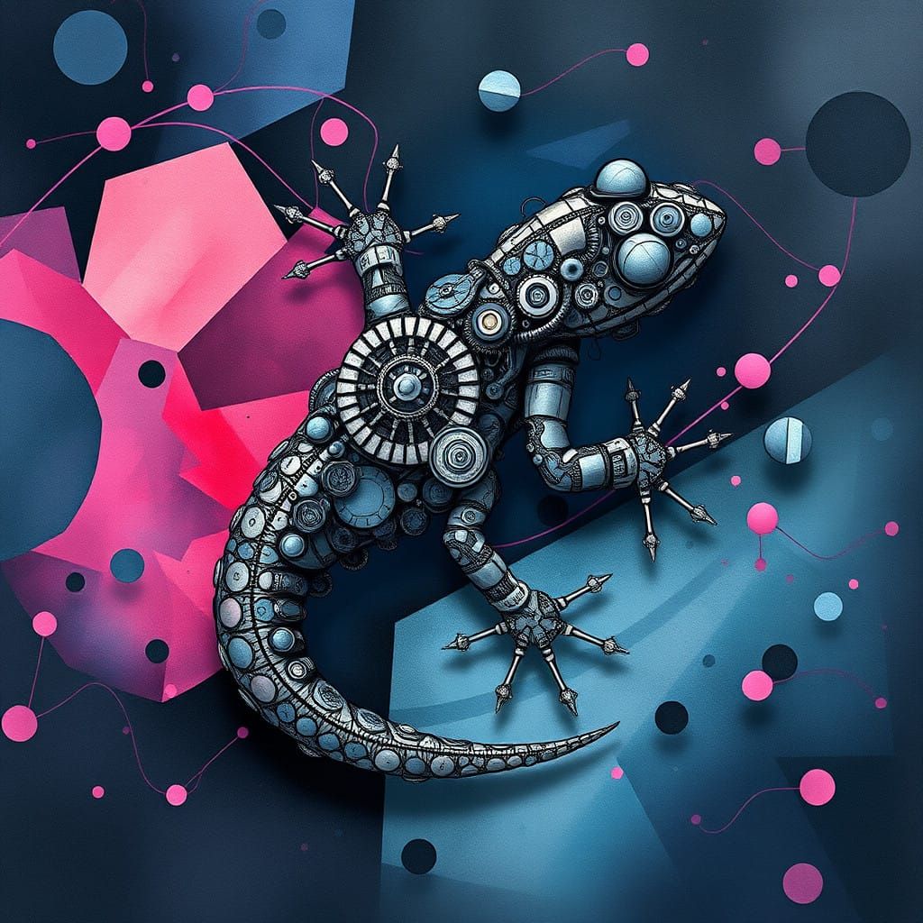 Surrealist Digital Watercolor: Geodesic Gecko in Cubist Drea...
