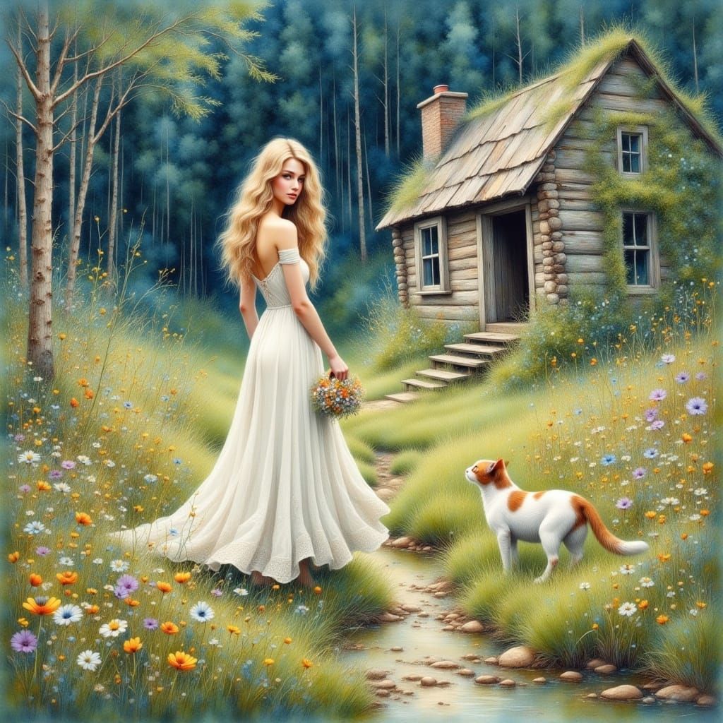 Young Woman in Wildflowers: Cosmic Oil Painting