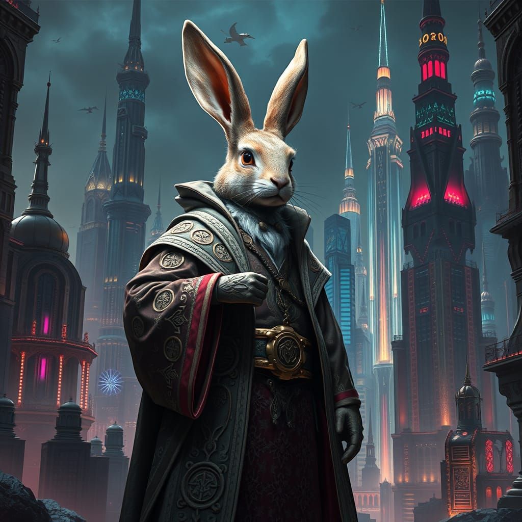 Rabbit Sorcerer in Cyberpunk Futuristic Cityscape