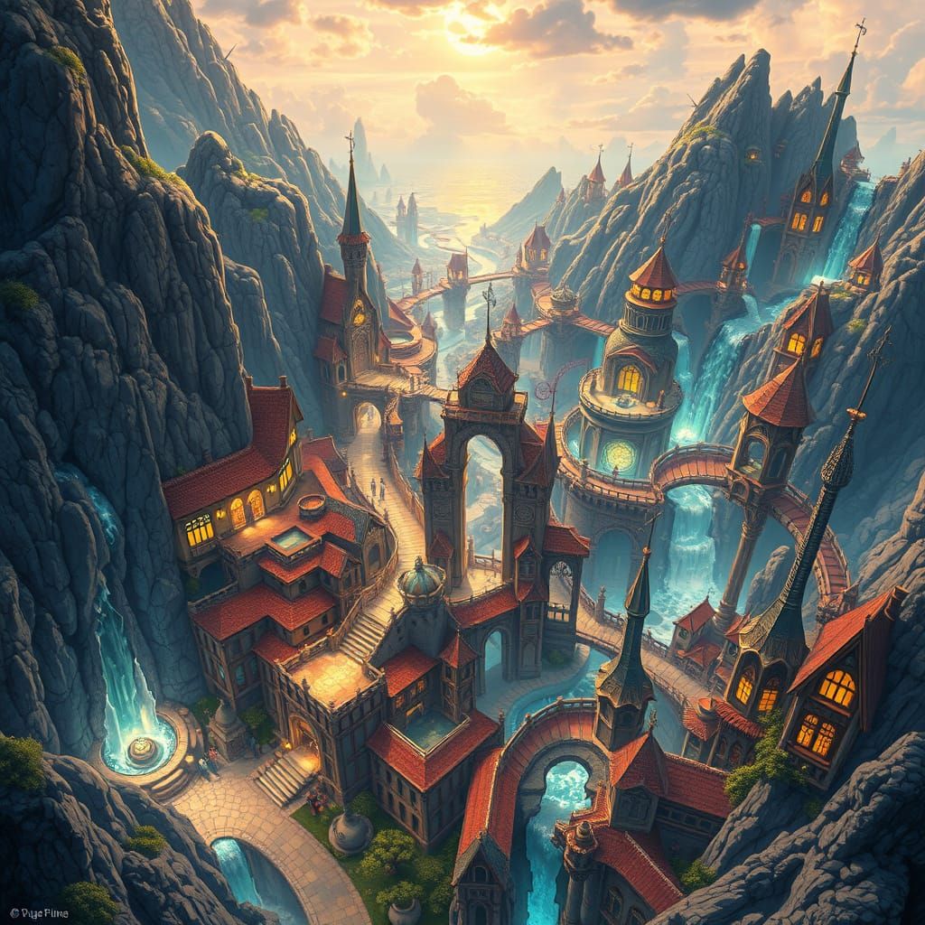 Glowing Fantasy City Map in Ghibli Art Nouveau Style