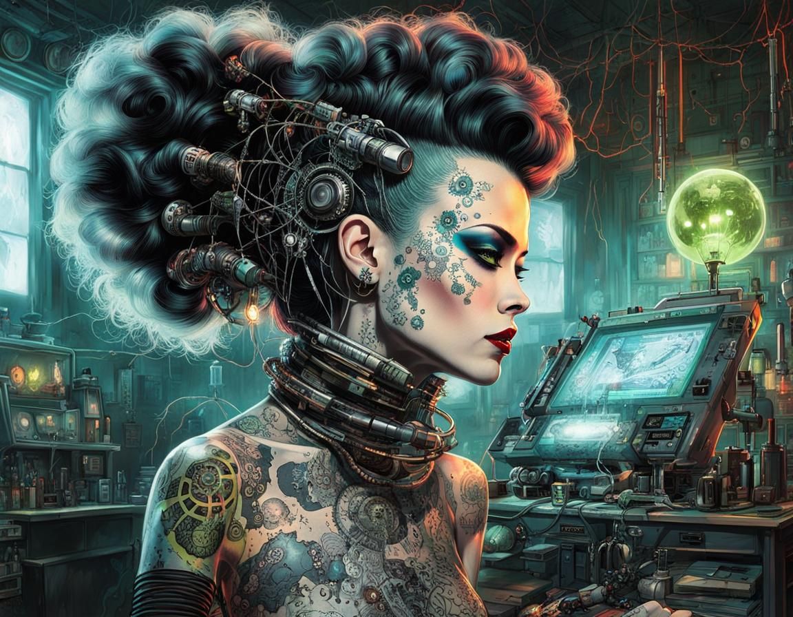 Cyberpunk Bride of Frankenstein with Tesla Coils