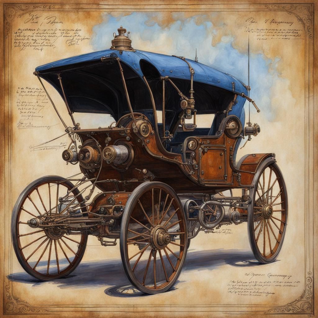Design blueprints for steampunk De Dion carriage