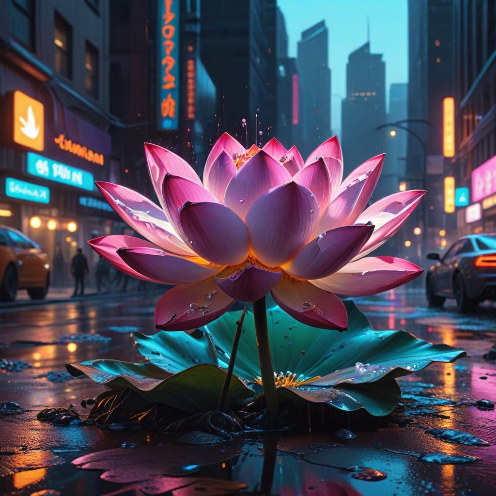 Lotus Flower Glows in Cyberpunk Cityscape