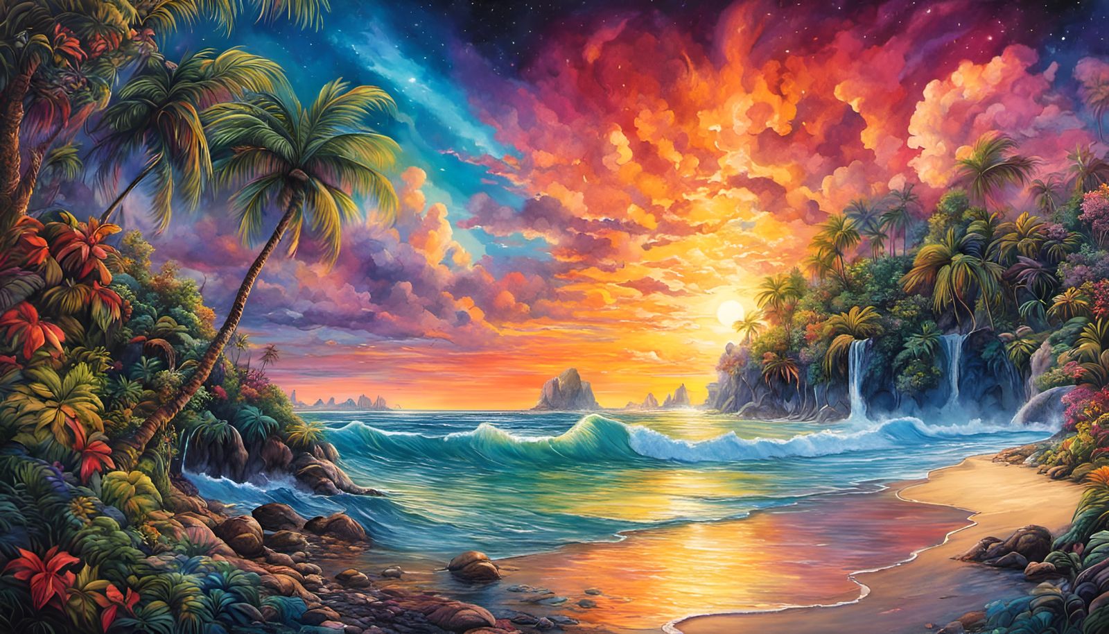 Colorful Tropical Island Sunset in Watercolor Style