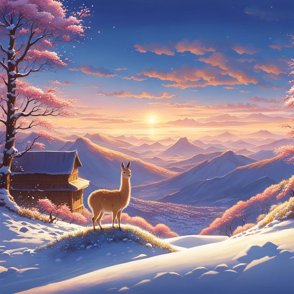 Anime Vicuña in Snowy Mountain Scene