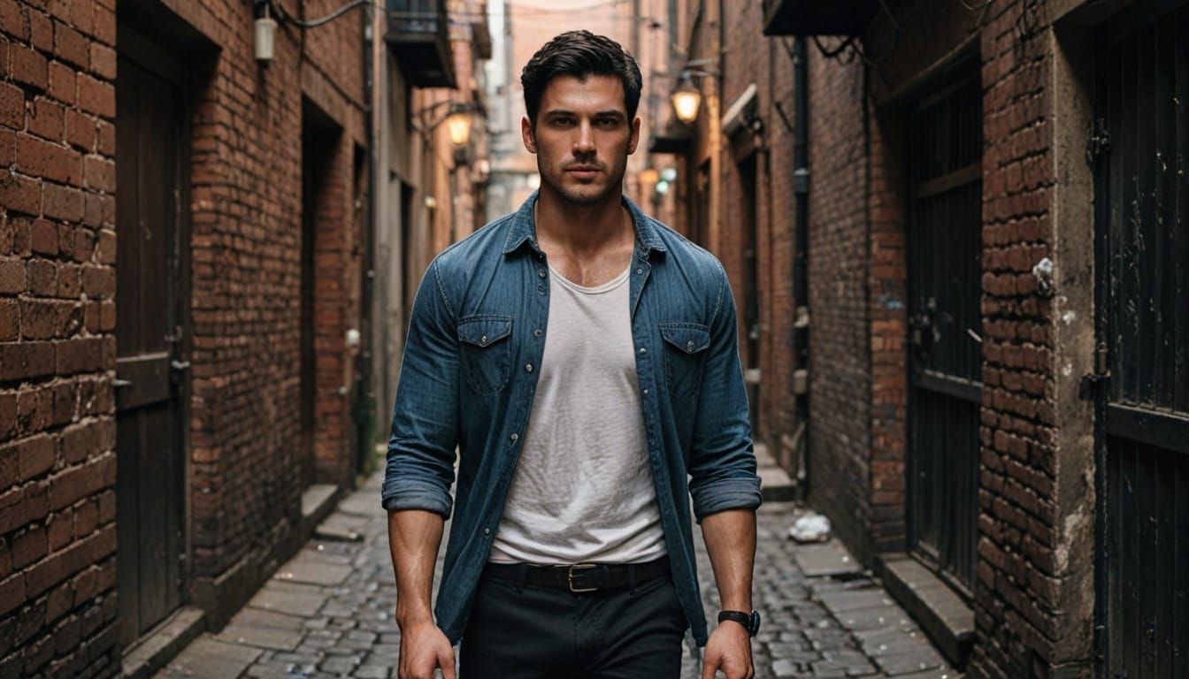 Handsome Man in Moody Alleyway Scene