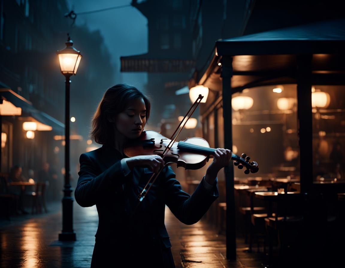 Violinist Silhouette in Moody Film Noir Night Scene