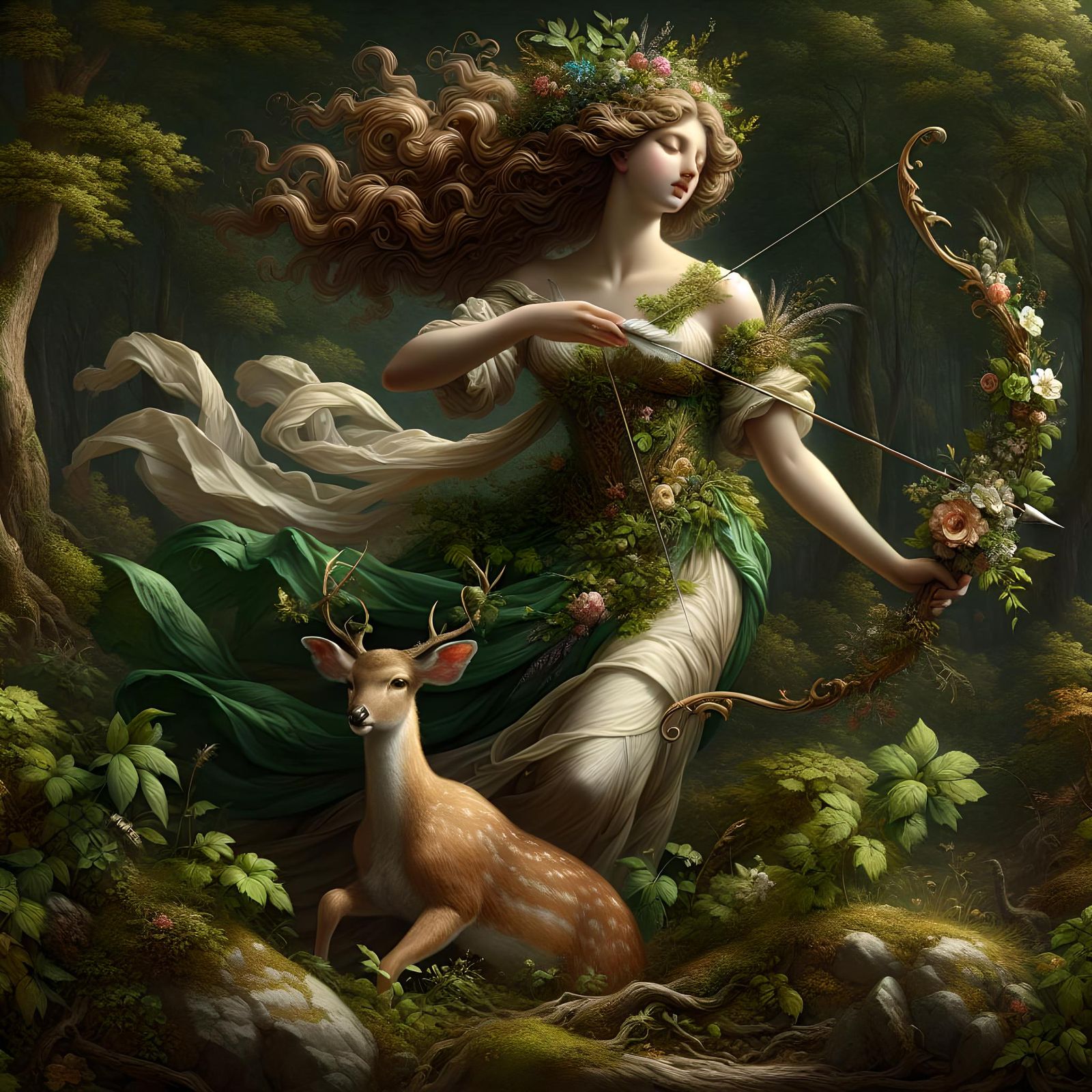 Goddess Diana with Bow in Baroque Forest