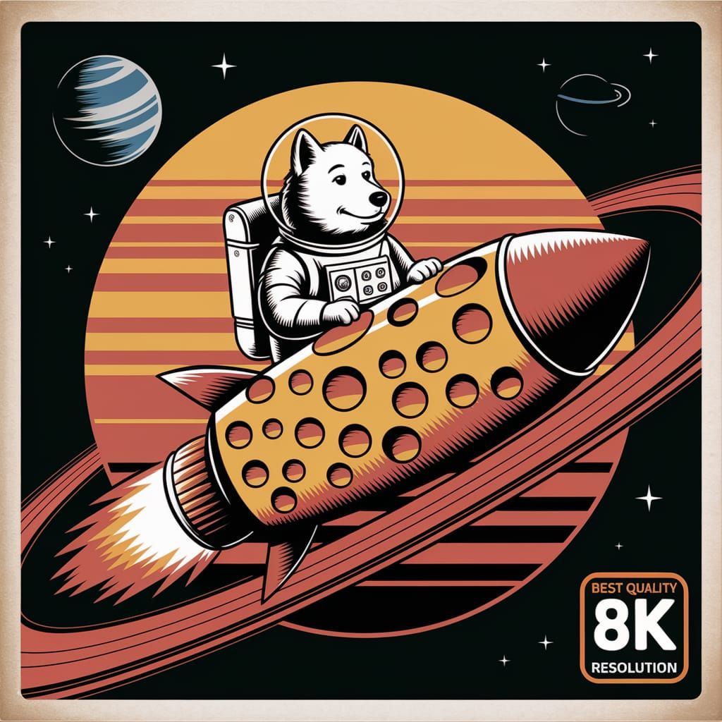 Samoyed Astronaut's Cheesy Rocket: A Vintage Poster