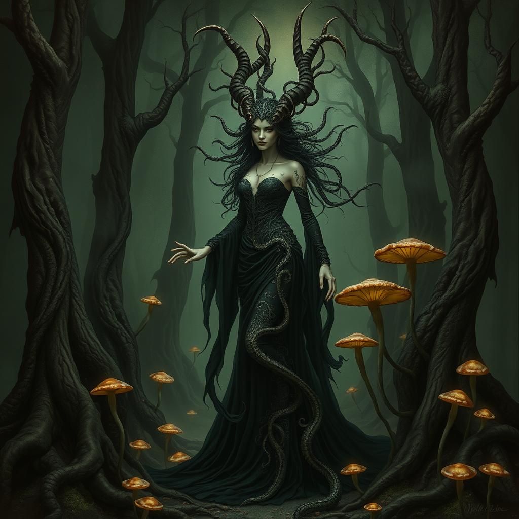 Gorgon Eve in Biomechanical Surrealism Style