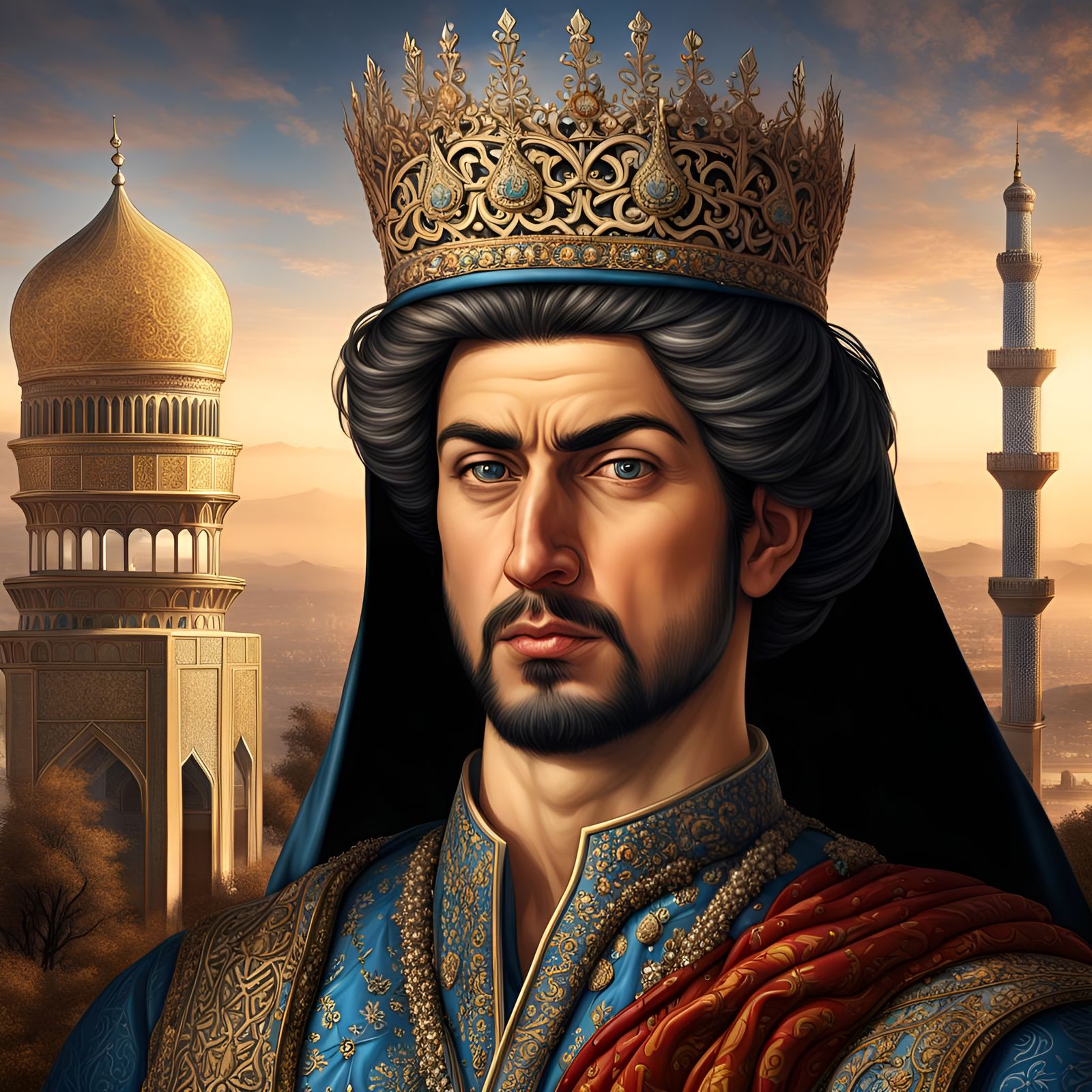 Shah Ismail I Portrait in Cosmic Digital Art Style