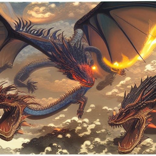 Epic Dragon Battle in Gouache and Ukiyo-e Style