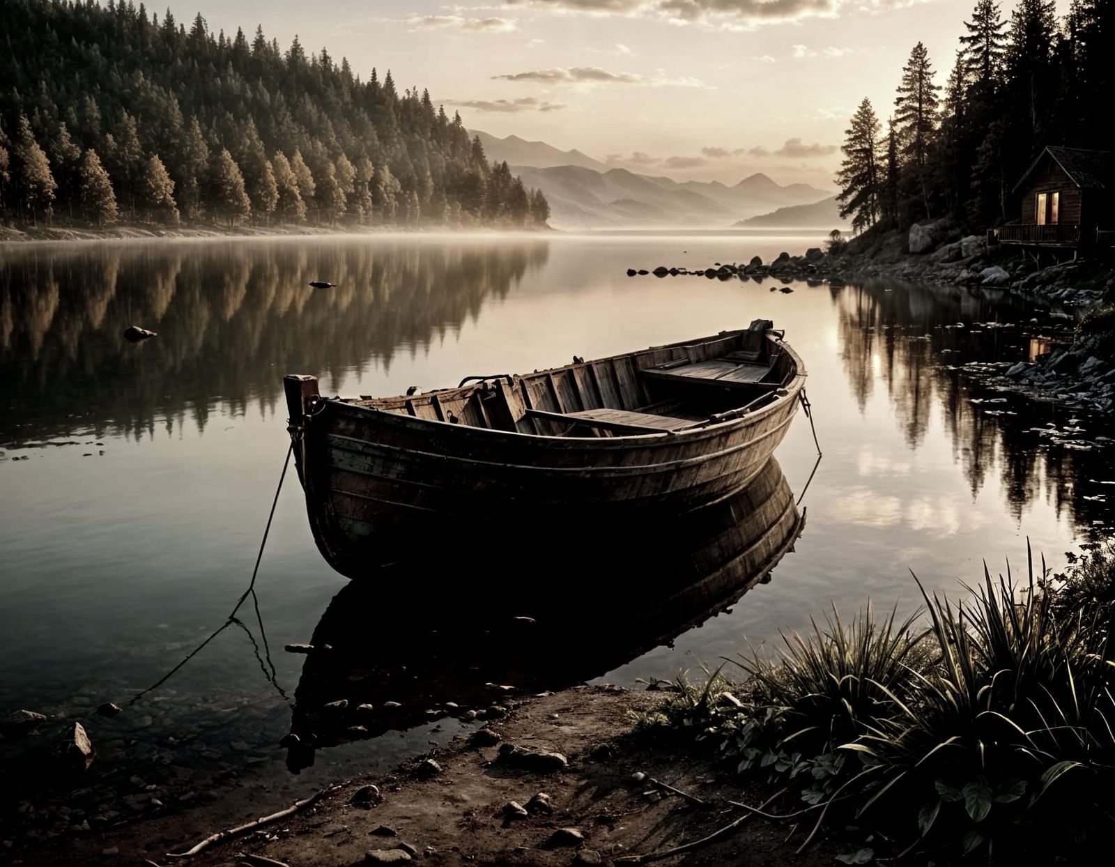 Weathered Boat on Calm Lake at Sunset