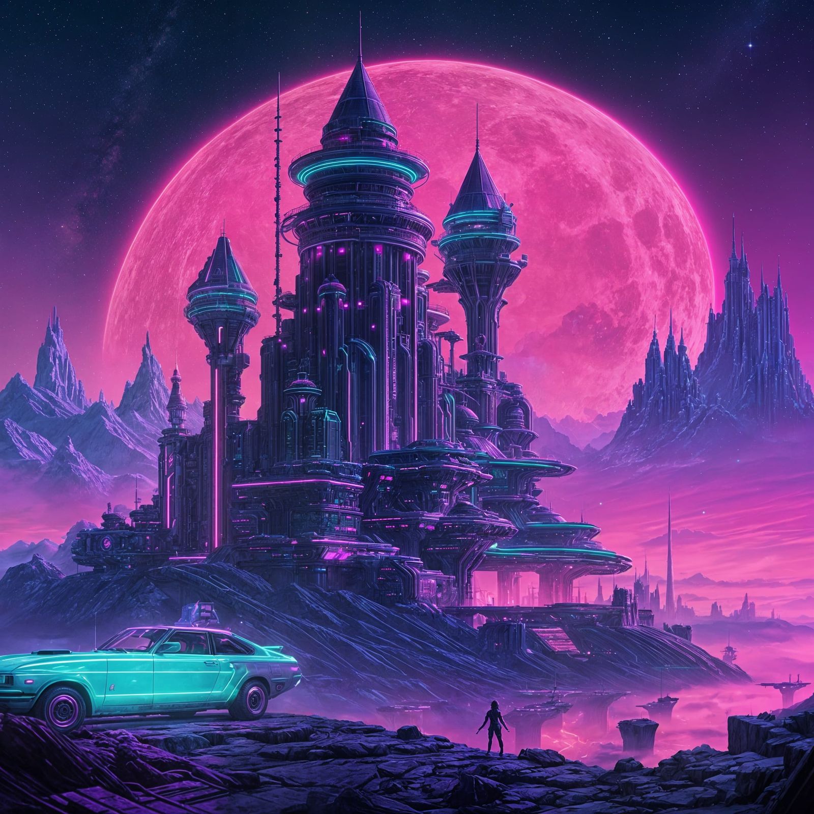 Glowing Space Kingdom in Neon Retro Fantasy Style