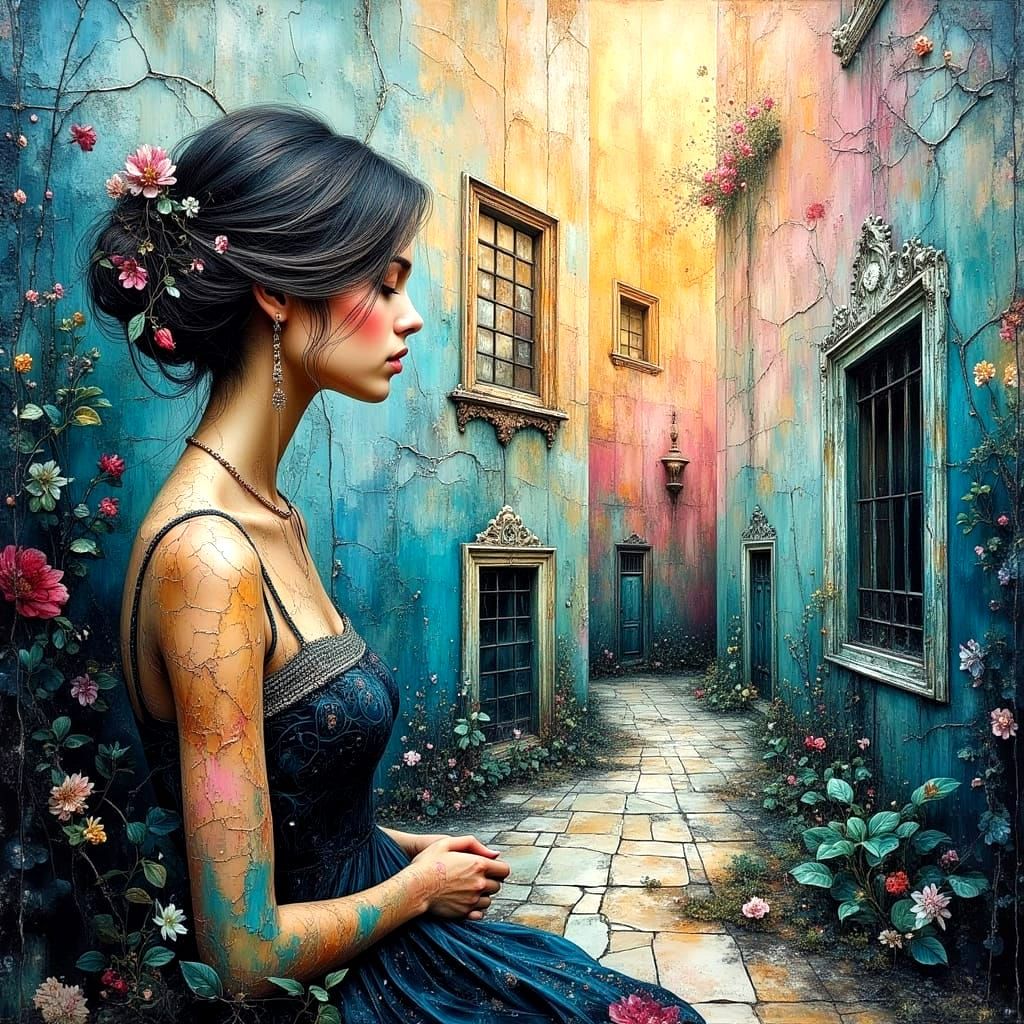 Young Woman in Dreamscape Hallways: Impasto Oil Painting