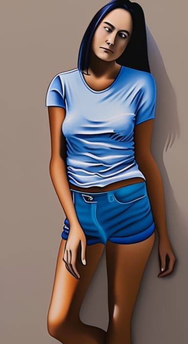 body portrait of 30ish woman, long dark hair, small chest, long sleaveless blue T-shirt, shorts in Gouache Style, Waterc...