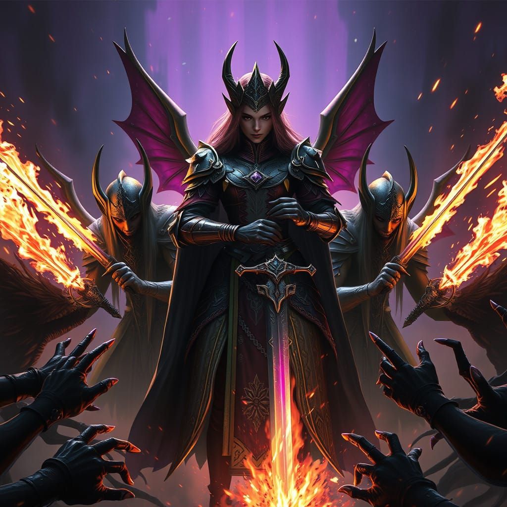 Dark Fantasy Battle Scene with Lady Mythal and the Evanuris