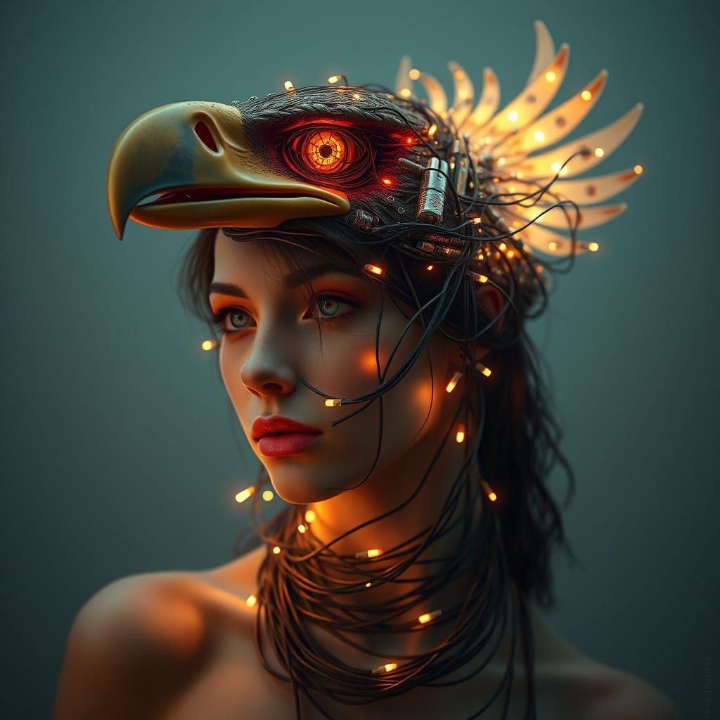 hyper-realism, surreal female figure, animal, muted color, close up of a eagle's face, it is made up of wires to make th...
