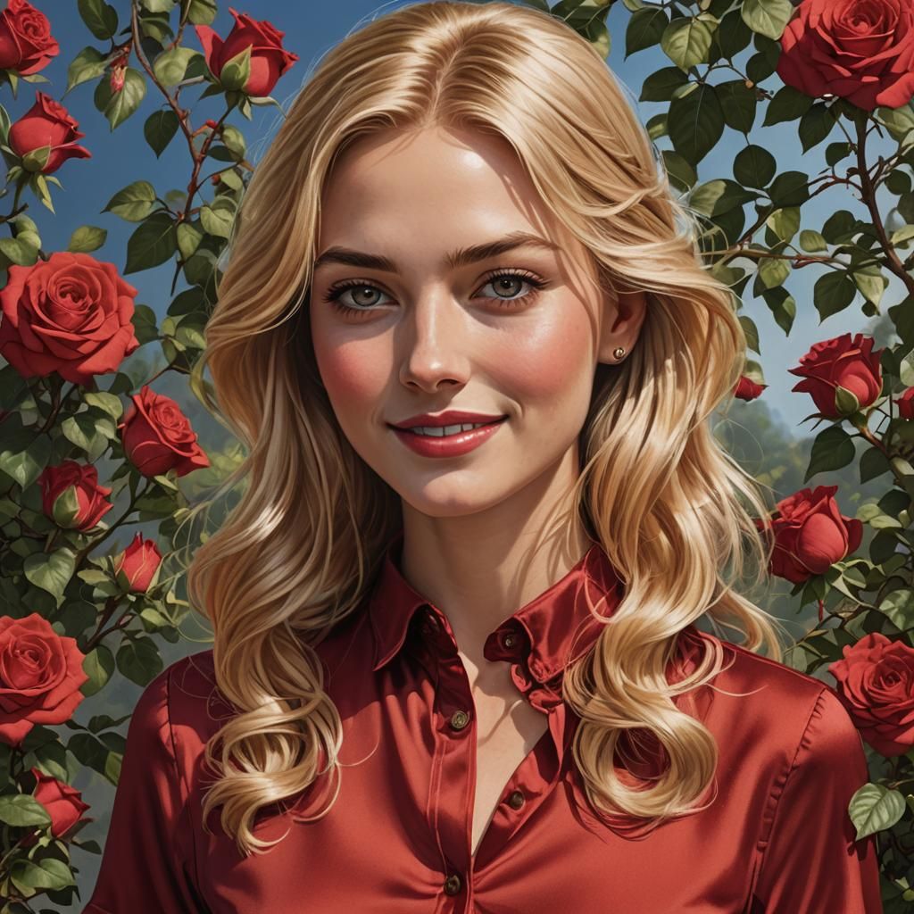 Happy Blonde Model in Red Silk Blouse