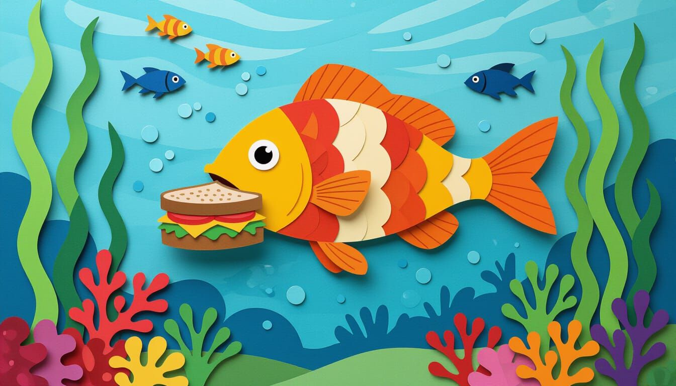 Paper Collage of Fish Eating a Sandwich