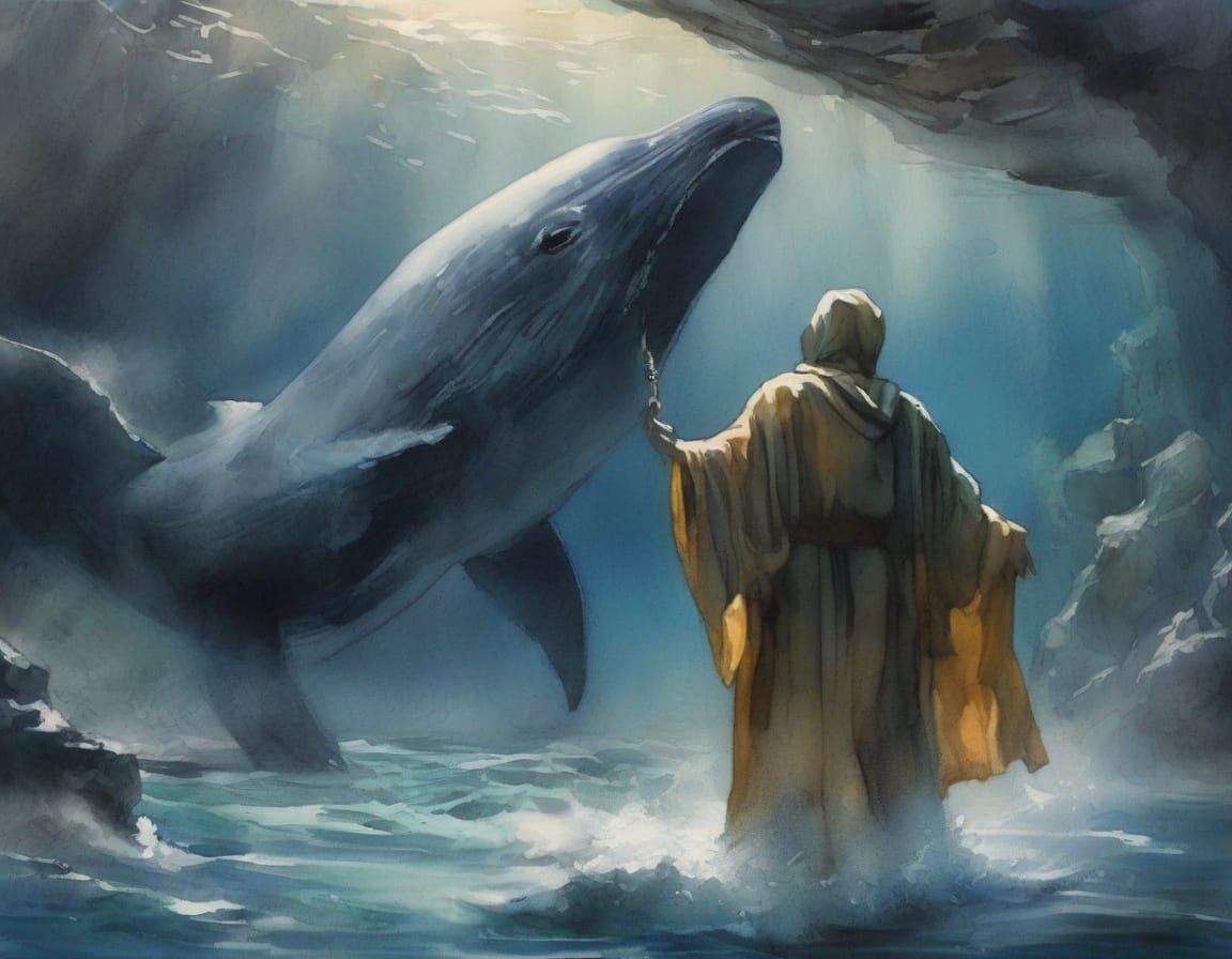 Jonah Confronts the Whale in Underwater Abyss
