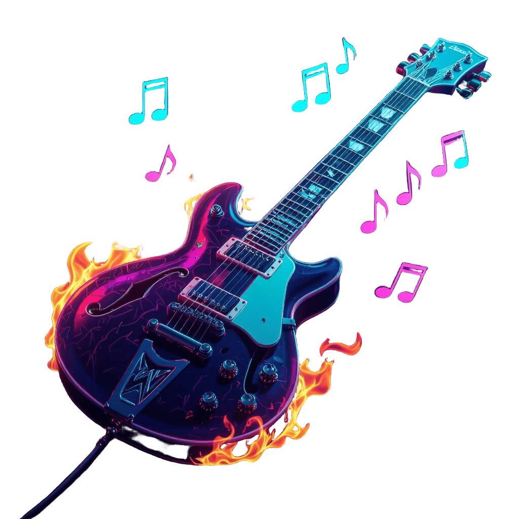 Neon Electric Guitar with Fire and Notes