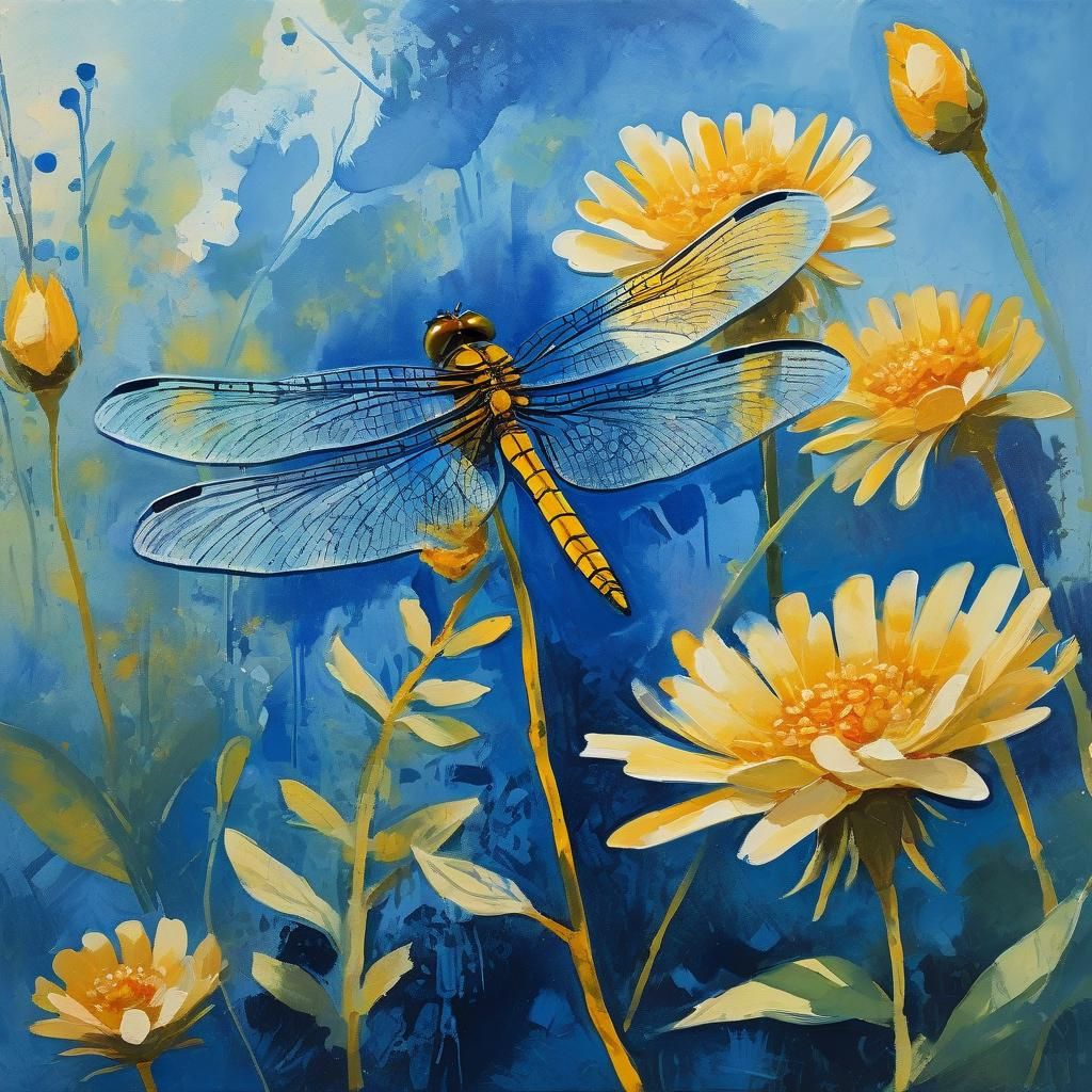 Dragonfly on Flower in Impressionist Gouache Watercolor